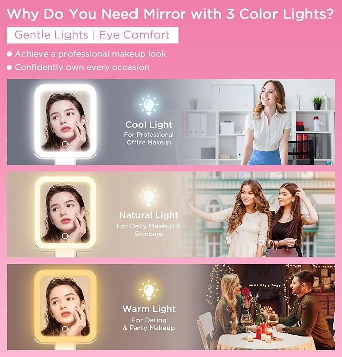 Travel Mirror with Lights, Magnifying Makeup Mirror 10X/1X Double Sided with 3 Color Lighting & Dimmable Touch Screen, Compact Handheld Cosmetic Vanity Mirror for Desktop Travel/Bathroom, Women Gifts