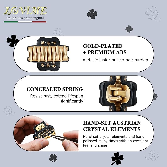 1.2" Mini Clover Claw Clips for Girls Kids - 18K Gold Plated Small Black Hair Clips for Side Bangs & Braids, Rhinestone Hair Accessories for Fine Hair, Cute Birthday Gift for Daughter