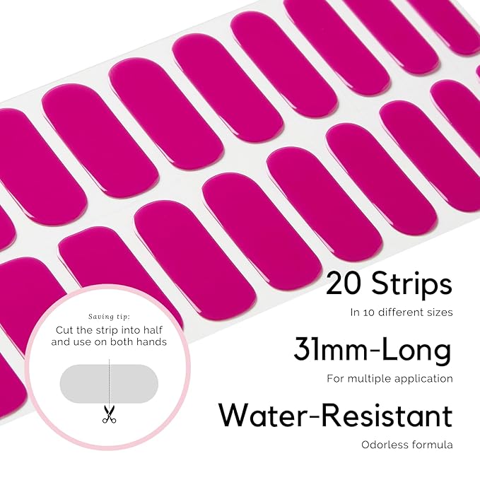 NAILOG Semi Cured Gel Strips - 20 Pcs Nail Stickers | Buy 2 Get 1 UV Light | Extra Long Wraps With Glossy Gel Finishing Rose Red, Magen