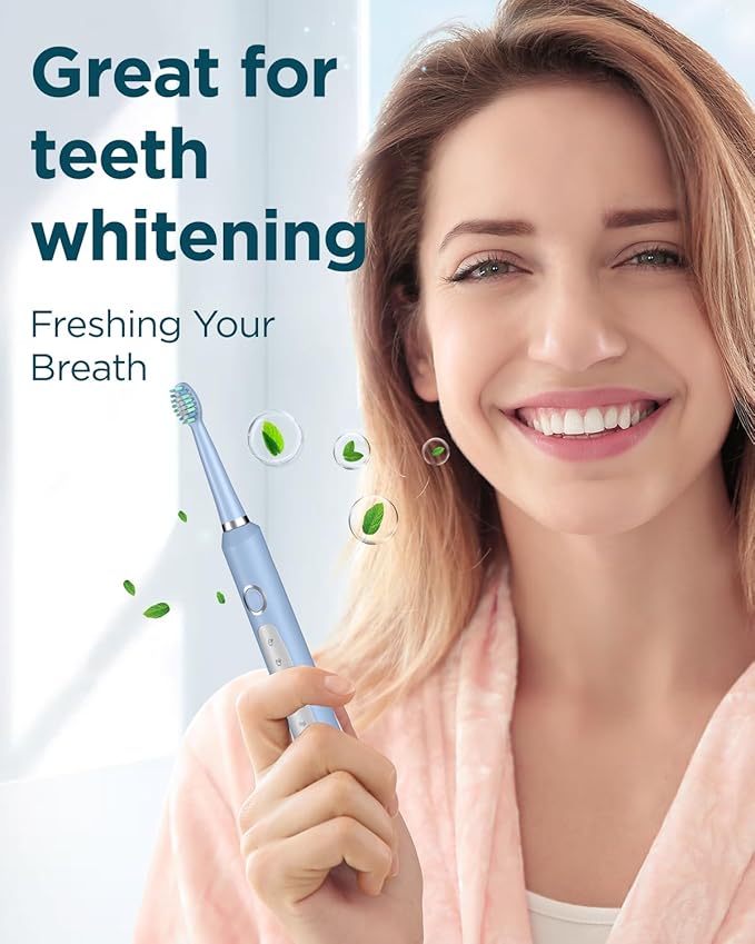 Rtauys M5 Sonic Electric Toothbrush for Adults and Kids - Rechargeable Electric Toothbrush Kids Ages 12+ and Adults with 8 Brush Heads & Travel Case, 120 Days Battery Life - Light Blue