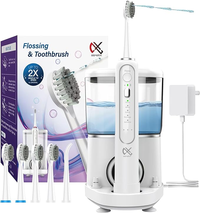 Alfelix Professional Flossing Electric Toothbrush with Water Flosser, Water Flossers for Teeth 2 in 1 Toothbrush and Water Flosser Combo, Sonic Electric Toothbrush Cordless Flossing Brush (White)