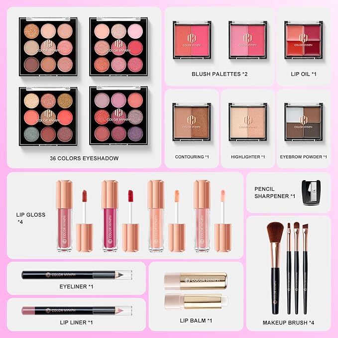 Color Nymph All in one Makeup Kit For Girls Teens, Makeup Set 4 Trays Spacious Space Train Case for Beginner with Eyeshadow Highlighter Lipgloss Blush Contour Concealer Brush Eyeliner Lipbalm