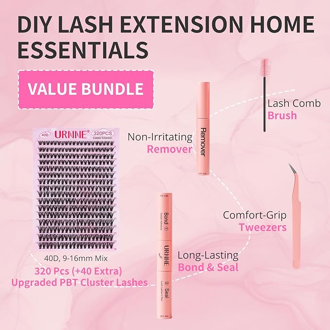 Lash Extension Kit, 320Pcs Lash Clusters, 40D Lash Clusters Kit, 9-16 mm Individual Cluster Eyelash Extensions with Lash Bond and Seal, Remover, Lash Tweezer DIY Lash Extensions at Home