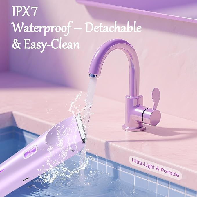 Bikini Trimmer for Women, 2-in-1 Painless Bikini Shaver with Ceramic Blade, Dual-Head Electric Shaver, Ipx7 Waterproof for Shower & Travel, Womens Electric Razor for Armpit Leg Body Facial, Purple