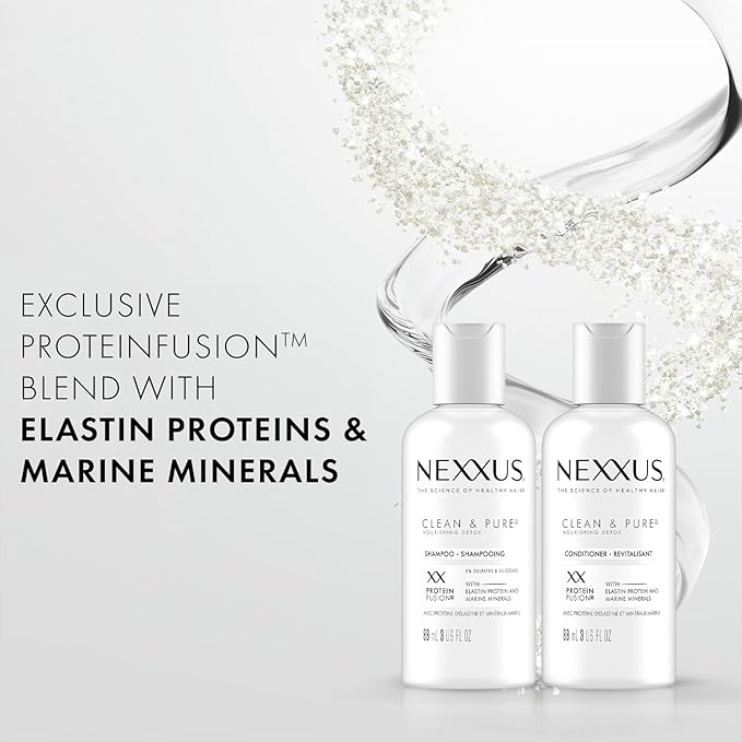 Nexxus Travel Shampoo and Conditioner, Clean & Pure – Hair Products with Elastin Protein and Marine Minerals, Sulfate-Free, 3 Oz Ea