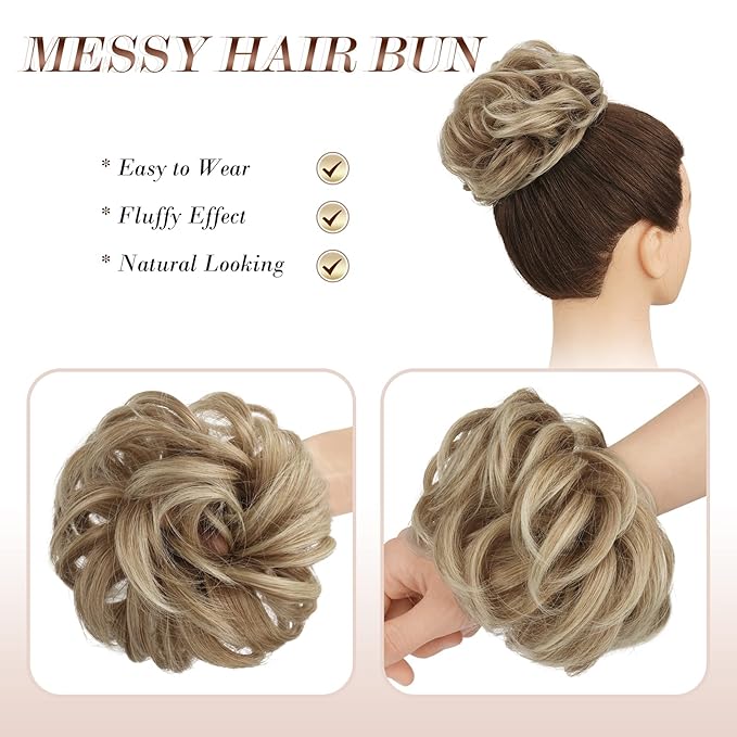 FESHFEN Messy Bun Hair Piece - Elastic Wavy Curly Hair Bun Scrunchies Extensions Synthetic Chignon Hairpieces for Women Girls, Mixed Blonde and Ash Blonde Tips 1.5 oz