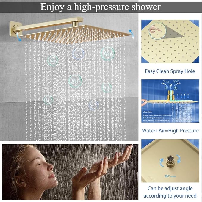 YCAIKOI Shower Faucet Set 16 Inch Wall Mount Rain Shower System, All Metal Shower Fixtures - Brushed Gold