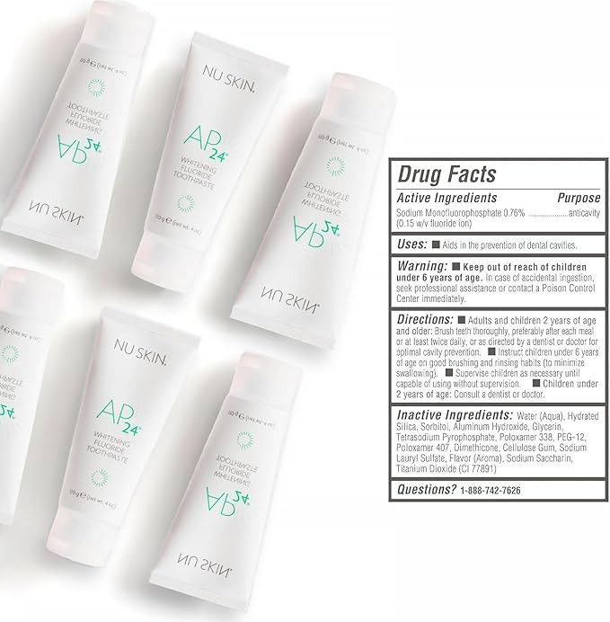Nu Skin AP 24 Whitening Fluoride Toothpaste | AP 24 Blend | Vanilla Mint Flavor | Brightens Teeth | Removes Surface Stains | Prevents Dental Cavities & Plaque | Enamel-Safe | 4 oz | 2 Pack