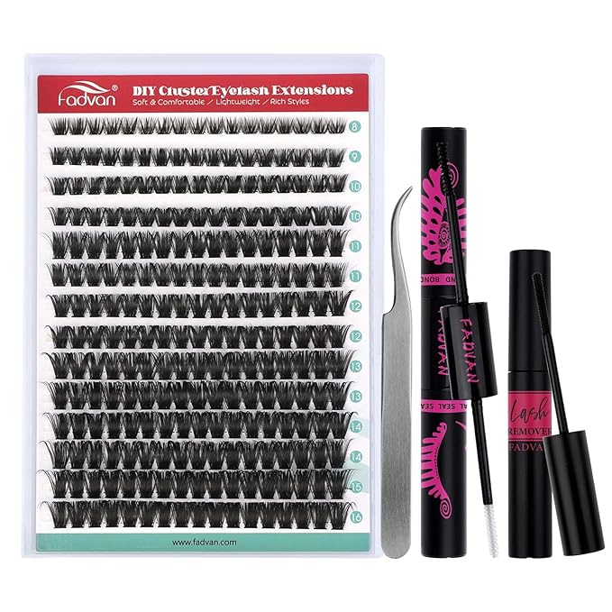 FADVAN Lash Clusters Kit 80D Lash Extension Kit 8-16mm Thick Cluster Eyelash Extensions Long Lash Clusters Soft Individual Lashes DIY with Lash Bond and Seal Lash Tweezers(80D, 0.07D, 8-16mm, Kit)