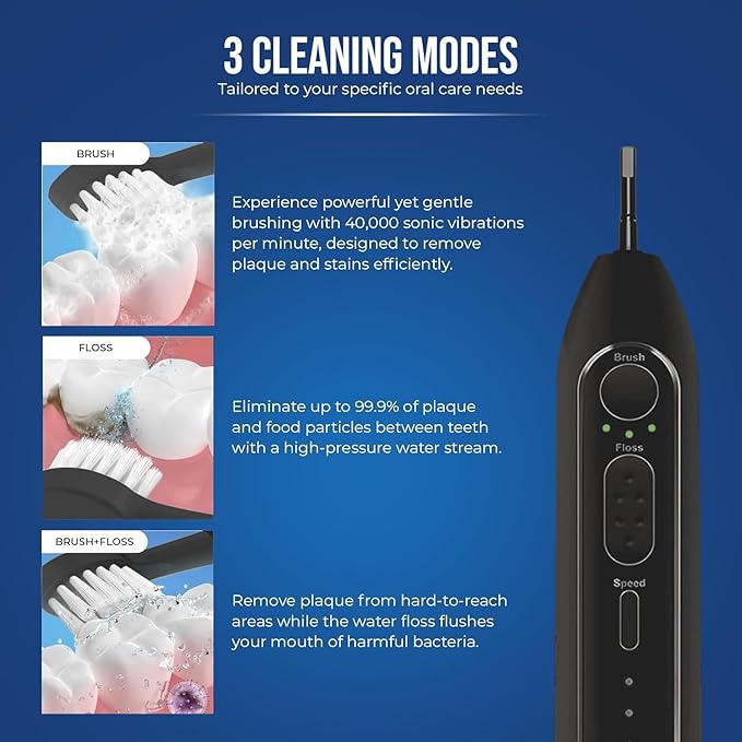 Optum Duo Flossing Toothbrush Rechargeable Electric Toothbrush with Water Flosser - Portable Water Pick Toothbrush Combo Cordless Sonic Electric Toothbrush and Water Flosser - Black
