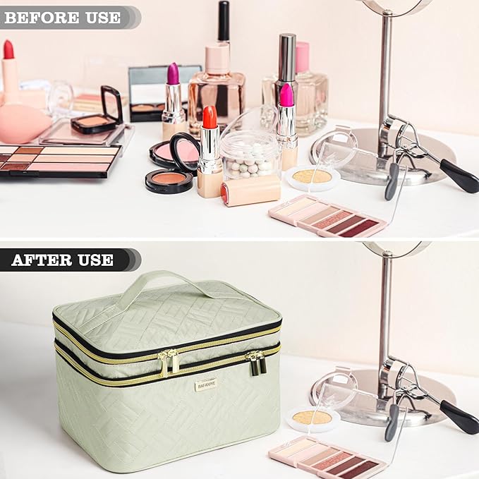 BAFAMYE 8.8L Double Layer Travel Makeup Bag With Mirror For Women, Large Cosmetic Case, Organizer for Travel-Size Accessories Bottles, Brushes,and Skin Care Products, 2.33 GAL, Beige