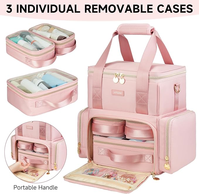 Jaffzora Extra Large Makeup Bag,4 in 1 Cosmetic Storage Organizer Travel Case with Detachable Pouches and Dividers,Pink