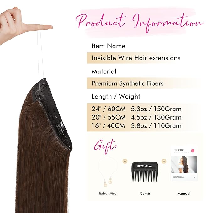 REECHO Invisible Wire Hair Extensions with Transparent Headband Adjustable Size Removable Secure Clips in Straight Secret Hairpiece for Women (14 Inch (Pack of 1), Dark Brown with Copper Highlights)