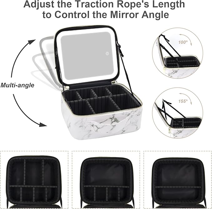Jadazror Makeup Bag with Mirror and Light, Makeup Case with Lighted Mirror, Travel Makeup Bag with Light up Mirror 3 Color Lights, Makeup Organizer Bag with Adjustable Dividers & Brush Holder(Marble)