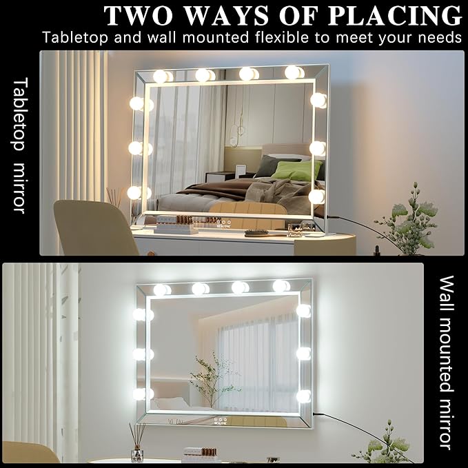 BEAUTME Large Hollywood Vanity Mirror with 10 pcs Dimmer Bulbs, 3 Lighting Modes, Smart Touch Control, Tabletop Mirror/Wall Mounted LED Mirror Home Decor for Bedroom, 31.5×24 inch