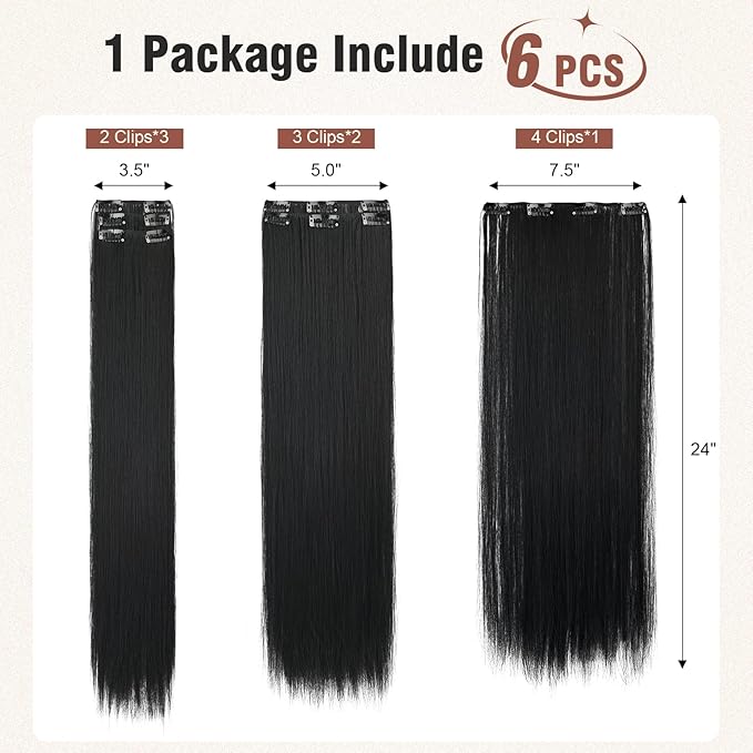 FLUFYMOOZ 6PC Clip in Hair Extensions 24" Straight Long Extensions for Women Synthetic Hairpiece (Natural Black)