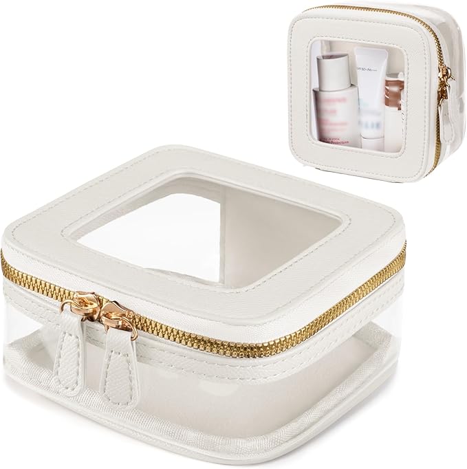 Oaque Mini Cosmetic Bag Clear Makeup Bag Small Travel Toiletry Bag with Zipper, Cute Car Cosmetic Case Transparent Makeup Pouch for Purse (White)