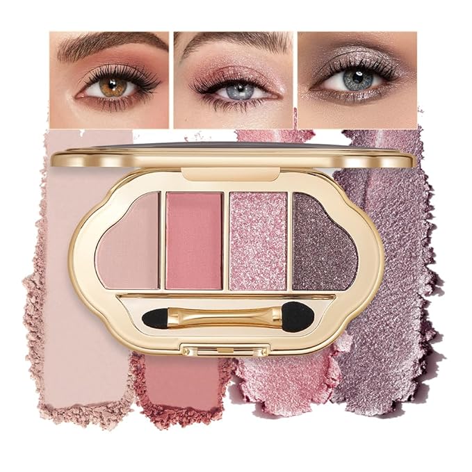 Warm Peach Eyeshadow Palette, 4 Color Peach Coral Matte & Shimmer Eyeshadow Quad, Soft Neutral Pink Shades, Long-Lasting Blendable Eye Makeup, Romantic Daily Makeup Gift for Women