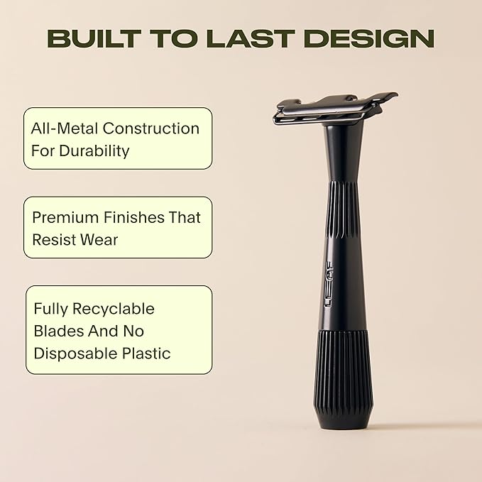 Leaf Thorn Razor by Leaf Shave, All-Metal Single Blade Razor for Men and Women, Fixed Head with Magnetic Load Assist, Includes 5 Stainless Steel Blades - Face Shaving and Coarser Hair - Black