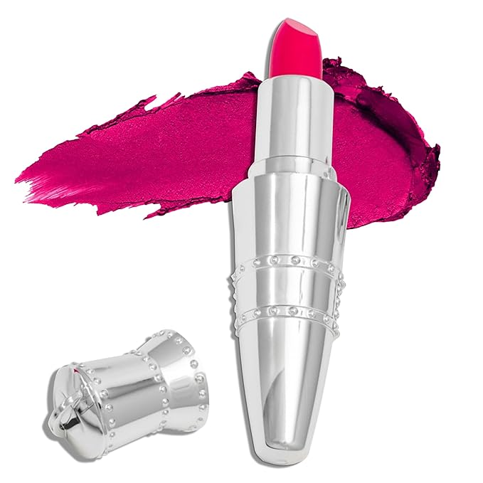 Hickey Lipstick Set - Walk of Shame (Hot Pink), Refillable Silver Case with Chain, Satin Pouch & Ribbon (Wearable Necklace), Long Lasting Hydrating Velvet Finish Lipstick for Women, Vegan, Gluten-Free