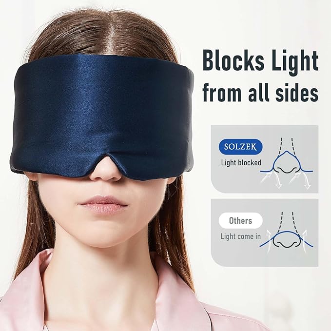 SOLZEK Nature Silk Sleeping Mask Soft Featherweight Eye Mask Large Wrap-Around Blindfold with Adjustable Velcro Blackout for Wild Sleeper Nose Cut (NavyBlue)