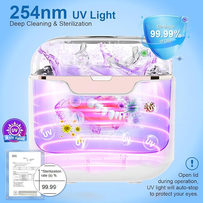Ultrasonic Retainer Cleaner Machine, 48kHz Ultrasonic Dentures Cleaner with Timer & 4 Modes, 240ML Dental Pod for Mouth Guards, Braces, Aligner, Toothbrush, Jewelry, Makeup tool (White)