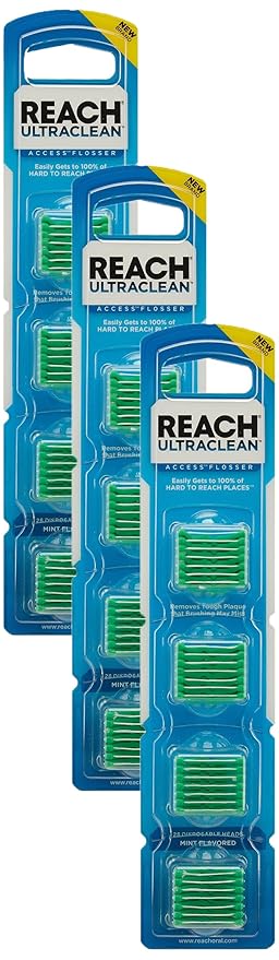 REACH Ultraclean Access Flosser Refill Heads, Mint, Plaque Remover for Teeth, Shred Resistant, for Hard to Reach Areas, Oral Care, PFAS Free, for Adults & Kids, 28 Count (Pack of 3)