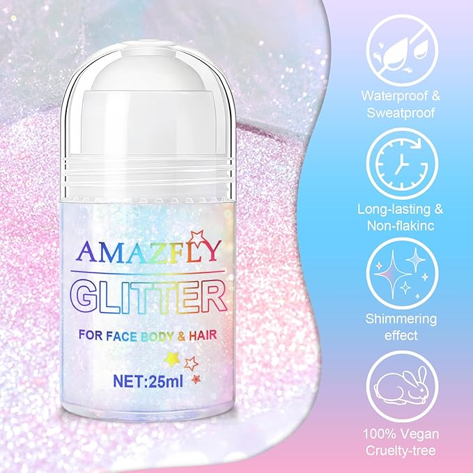 1PC Roll-on Holographic Body Glitter Gel for Body, Hair, Face, Chameleon Color Changing Glitter Gel Under Light, Chunky Mermaid Sequins Festival Party Rave Accessories Shimmer Makeup (Sparkling Pink)