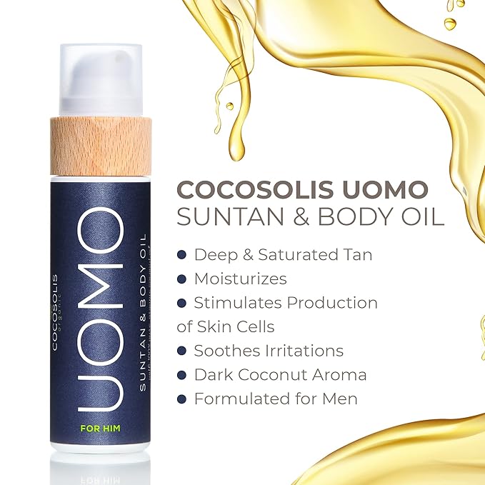 COCOSOLIS UOMO Tanning Accelerator for Men - Organic Tanning Oil with Vitamin E & Black Coconut Scent for a Fast Intensive Tan - Tanning Enhancer for a Rich Chocolate Tan (110)