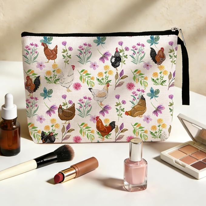 Floral Chicken Makeup Bag, Chickens Stuff Cosmetic Bags for Women Friend Daughter Chicken Lady Mom Gifts Travel Bag for Birthday Graduation