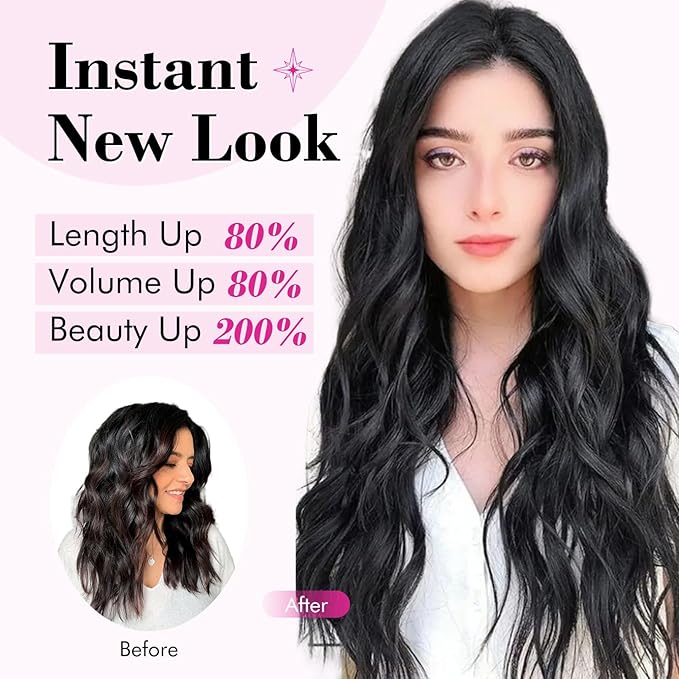 REECHO Clip in Hair Extensions, 20” One Piece Hair Extension Clip in Wefts Long Thick Beach Wavy Natural Soft Synthetic Hairpieces for Women, Black Brown
