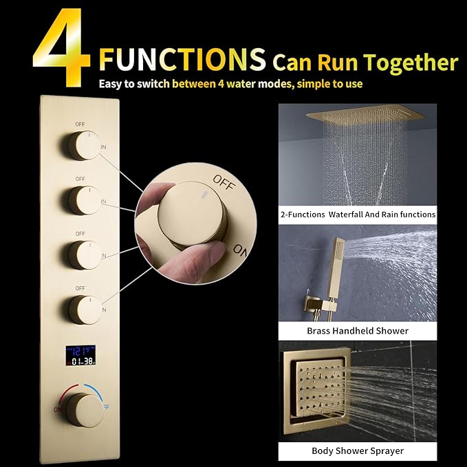 AYIVG Thermostatic Shower System Brushed Gold 4 Functions Complete Shower Faucet Set with 16 * 24 Inches Rainfall and Rain Shower Head Digital Display Shower System with Body Jets