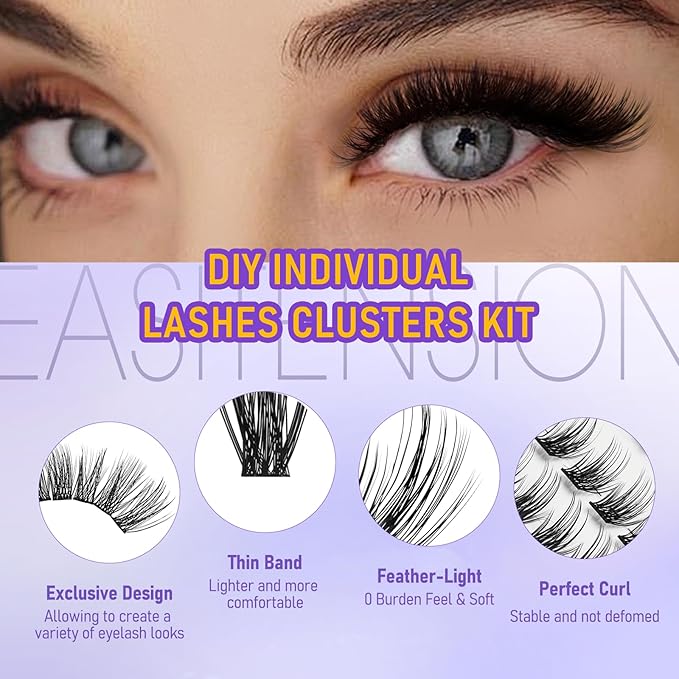 Lash Clusters 240 PCS Lash Clusters DIY Lashes Extensions Kit Soft Natural Eyelashes 10-16mm Individual Lashes Super Thin Band Eyelashes with Bond & Seal, Lash Tweezer Kit