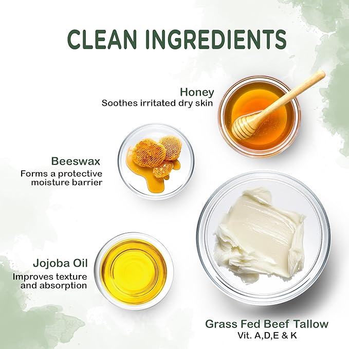 Clariglow Whipped Beef Tallow Skin Moisturizer - Unscented Grass Fed Organic Beef Tallow Face Cream - Honey Balm & Jojoba Oil - 4 oz