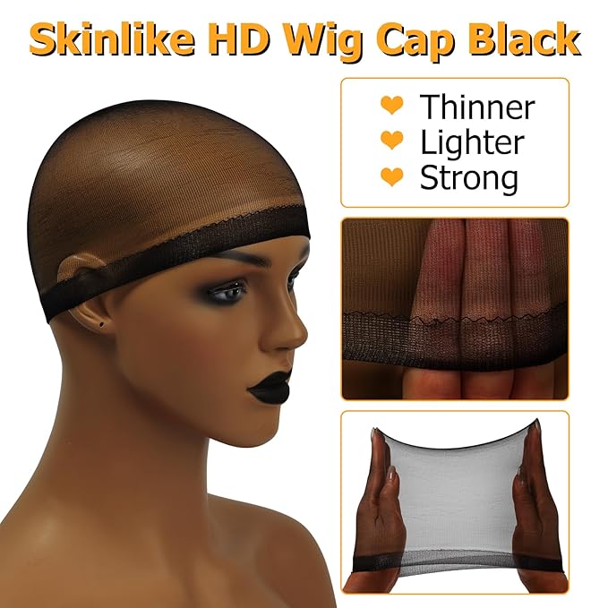BEEOS Black SKINLIKE HD Wig Cap, 4 Pieces Invisible and Sheer Breathable Ultra-thin Stretchy Stocking Caps for Lace Front Wigs, Bald Cap for Women