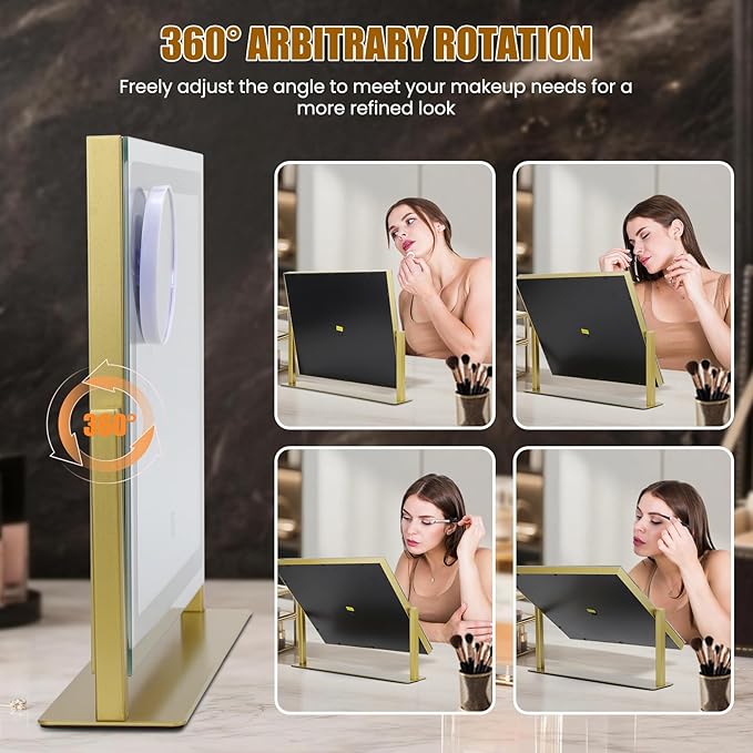 Vanity Mirror with Lights, 16"×12" LED Makeup Mirror, HD Professional Mirror, 10X Magnification, Smart Touch with 3-Color Lighting, Dimmable, 360° Rotation, Lighted Up for Makeup Desk, Bedroom (Gold)