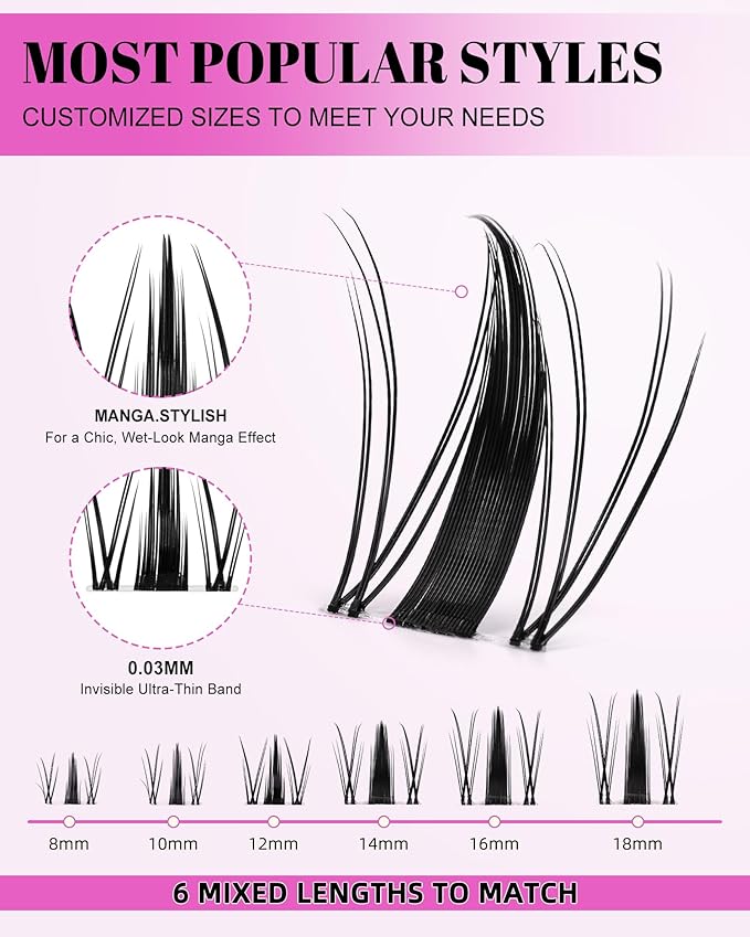 Fairy Lash Clusters Kit Wispy Fluffy 8-18mm Manga Anime Eyelashes Cluster Extension Kit C Curl Individual DIY Fake Lashes Extension Kit with Lash Bond and Seal Waterproof False Eyelashes Clusters Kit