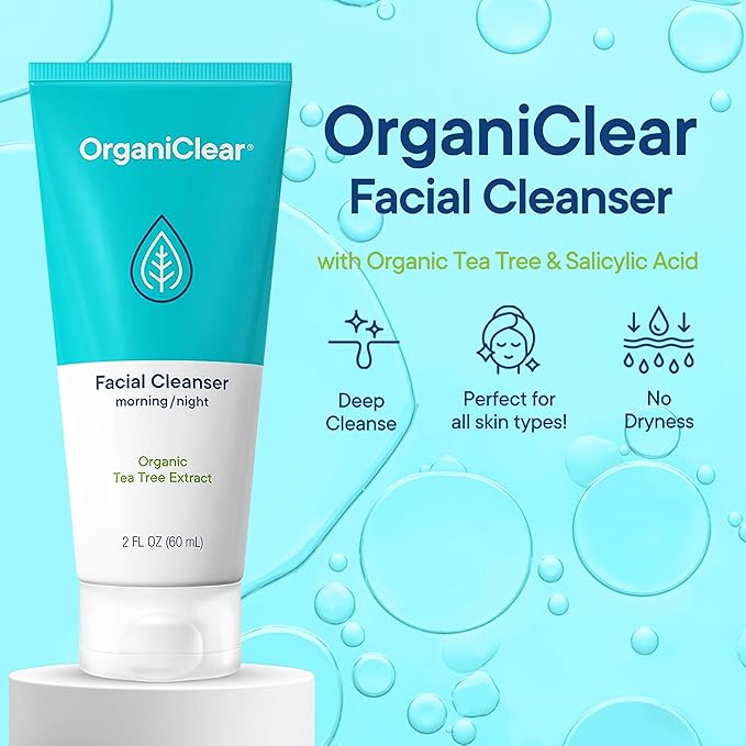 OrganiClear Facial Cleanser w/Organic Tea Tree & Salicylic Acid – Gentle Daily Foaming Gel Face Wash for Deep Cleansing & Makeup Removal – Unclogs Pores, Eliminates Dirt & Oil - No Dryness, (2 oz)