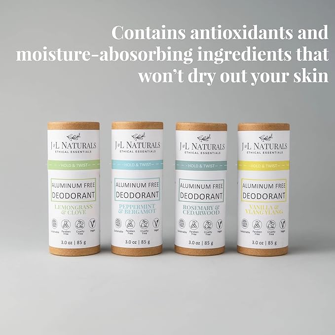 J&L Naturals Aluminum Free Deodorant for Men & Women | 100% Natural Ingredients With Coconut Oil, Shea Butter, & Essential Oils | Sustainable, Eco-Friendly (Woody & Spicy, 3.0 Oz (Pack of 4))