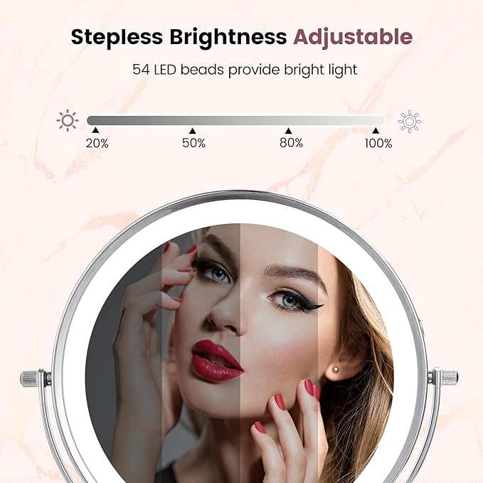 8" Makeup Mirror with Lights, Vanity Mirror with 1X/10X Magnification, Touch Screen 3 Colors Dimmable 54 LED Lights Brightness Adjustable 360° Rotation for Tabletop