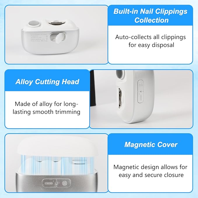 Electric Nail Clipper, 3-in-1 Automatic Nail Trimmer with Polishing & LED Light, Nail Scraps Storage, Portable Smart Nails Clipper for Seniors, Adults, Kids (Grey)