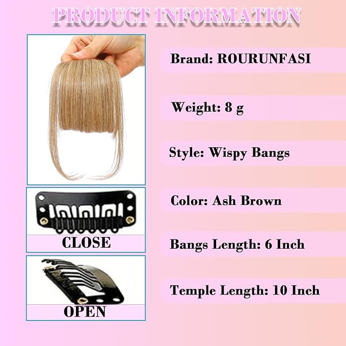 Clip on Wispy Bangs-Real Human Hair Clip in Bangs Hairpieces Ash Brown Fake Air Bangs Fringe with Temples Bangs Hair Clip Extensions