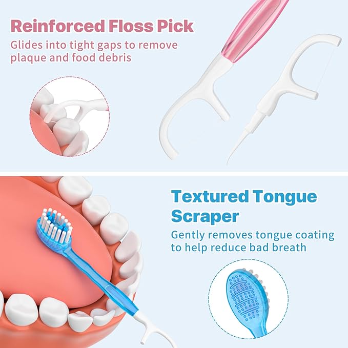 5-in-1 Disposable Toothbrush with Toothpaste(12 Pack), Individually Wrapped Mini Travel Toothbrush, Soft Bristles, Dental Floss, Toothpick & Tongue Scraper, No Water Needed, 4 Flavors