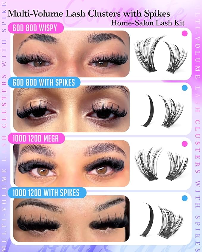 CORUSCATE Lash Clusters Kit 464pcs Wispy Lash Clusters with Spikes 60D+80D+100D+120D Eyelash Clusters Kit Thick Cluster Eyelash Extensions Mega Individual Lashes Spike Mink Lash Bond and Seal Glue