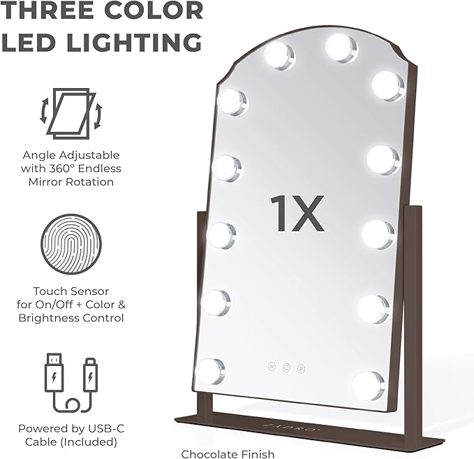 Zadro Scalloped Edge Hollywood LED Vanity Mirror, 12 Dimmable Bulbs, 3 Color Temperatures, 360° Rotation, Angle-Adjustable Tilt, USB-C Plug-in, Large 12" x 19", 1X Viewing Area (Chocolate)