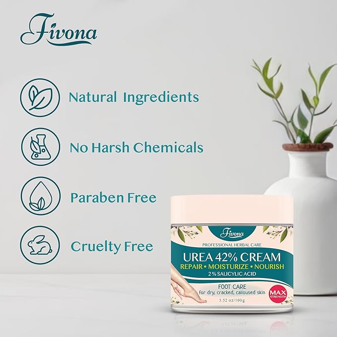 FIVONA 42% Urea Foot Cream for Thick, Rough Dry Skin - Maximum Strength Callus Softening with 2% Salicylic Acid, Tea Tree & Aloe Vera, 100g (3.5 oz) - Deep Moisturizing Foot Care
