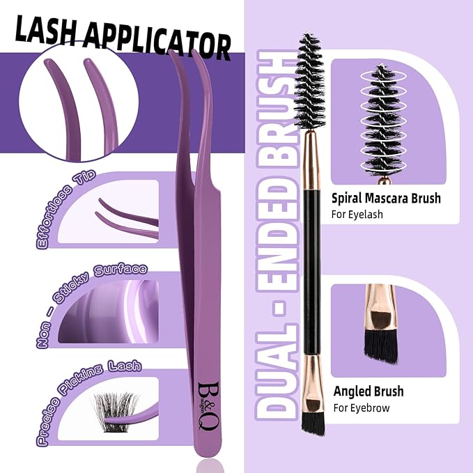 B&Q Fluffy Lash Clusters Kit UltraSoft Cluster Eyelash Extensions, 200D Volume Eyelash clusters 10-18mm Lash Extension Kit, D Curl Individual Lashes kit with lash Applicator Tool (200D Set)