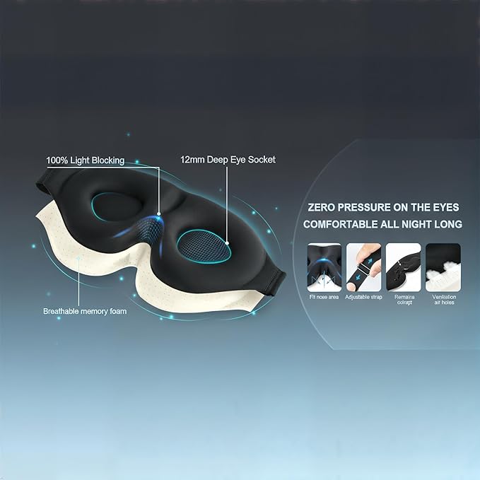 LAAZ Sleep Mask for Side Sleepers ,3D Contoured Eye Mask with Zero Eye Pressure, True Blackout Light Blocking, Breathable Memory Foam Night Mask with Adjustable Strap for Men & Women