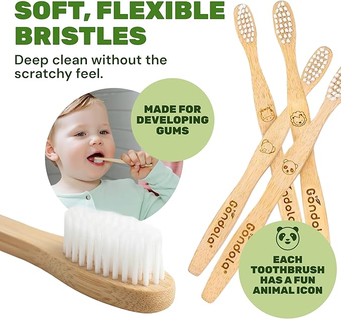 Gondola Kids Bamboo Toothbrush - 4 Pack Soft Bristles Toothbrush with Smooth Water-Resistant Bamboo Handle for Small Hands - Manual Toothbrushes for Boys & Girls - Travel & Home Bathroom Set