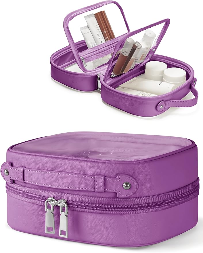 Oaque Clear Cosmetic Bag Double Layer Travel Toiletry Bag Clear Makeup Bag Case with 4 Compartments, Transparent Travel Bag for Toiletries, Large Toiletry Bag for Women Cosmetic Case (Purple, Small)